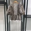 Frühlings Sommermädchen Fliege Bindung Peplum Top in 100% Baumwollpopelpuffhülsen Damen Leopard niedliche Blusen für Frauen Mode 2024
