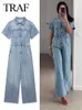 TRAF Fashion Women Women Denim Blue Belesuits Elegant Short Sleeve Label Twilar Jumpsuit Streetwear Trapstar 240408