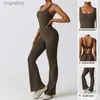 Women's Tracksuits Womens all-in-one sportswear pleated V-back soaked bell bottoms fitness jumpsuit sportswear yoga yq240422