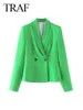 Costumes féminins 2024 Fashion Green Blazer Chic Elegant Abel Long Manches longues Slim Double Breasted Wild Femme Coat Street Extérieur