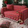 Świąteczne dekorat sofy ręcznik Vintage Red Green Plaid wielofunkcyjny frędzle 3 osobę siedzącą poduszkę 240422