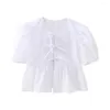 Women's Blouses Women Summer Cropped Tops Casual O-neck Puff Short Sleeve Pullover Solid Color Ruffle Hem Back Lace-up Tees For Dating