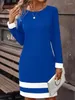 Casual Dresses Kvinnor Fashion Block Dress Autumn and Winter Long Sleeve Round Neck Mini Party 2024 Slim Fit Blue A-Line