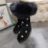 Bottes de luxe fourrure haut haut tchèque diamant cristal pentacle neige chaude peluche intérieure noire en daim paille