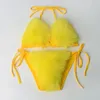 Kvinnors badkläder 2024 Orange löstagbar faux päls Bikinis Set Women Swimsuit Sexig låg midja Thong Bikini Furry Beachwear Bathing Suit