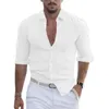 Mens de verão de algodão e linho camisa de lapela praia de manga longa de cor sólida para férias havaianas roupas 240419