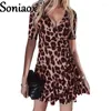 Party Dresses 2024 Fashion Summer Sexy Women V-Neck Leopard Print Boho Beach Splice Ladies Ruffle Short Sleeve Dress Vestidos