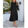 Vestidos casuais 2024 Autumn e inverno estilo de moda redonda arco de pescoço versátil lanterna A-linha de manga longa Splice simples vestido feminino