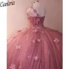 Pink Crystal Beading Pearls Quinceanera Dresses Ball Gown One Shoulder 3D Flowers Sweet 15 Vestidos De XV Anos