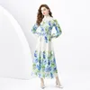 Vintage Floral Imprimé Femmes MAXI Robes Stand V Veille de cou Bouton Bouton Front Long Mandoues A-Line Holiday Vacation Wholesale Spring Summer Fall Fall Dropshipping