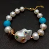 Yygem Natural White Rondelle Pearl Blue Turquoise Nucleated Flameball Baroque Pearl Cz