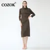 캐주얼 드레스 Cozok 2024 Spring Pleated A-Line Dress Solygel Long Sleeve Slim Hooded Elegant Women 's All-Match Mid-Calf WT970