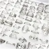 Band Rings Wholesale 100Pcs/Lot Mens Womens Stainless Steel Sier Laser Cut Patterns Hollow Carved Flowers Mix Styles Fashion Jewelry P Otrju