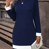 Casual Dresses Kvinnor Fashion Block Dress Autumn and Winter Long Sleeve Round Neck Mini Party 2024 Slim Fit Blue A-Line