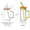 Casas de vino 350/600 ml de taza cuadrada con tapas y pajitas de cola de color solo tazas de vidrio para agua de café helado agua de té de té de té