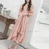 Casual Dresses 2024 Autumn High Waist Bandage Slim Dress Women's Pink V-neck Patchwork Bubble Sleeves Gentle Simple Ruffles A-line