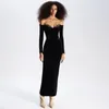Casual Dresses Black Lace Velvet Dress Women 2024 Off Shoulder Full Sleeve High Waist Christmas Party Evening Elegant Vestidos BD2485