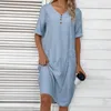 Party Dresses Summer Women Dress V Neck Short Sleeves Loose Side Pockets Lady Casual Daily Midi