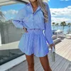 Fashion Stripe Twopiece Sets Ladies Single Breasted ShirtDrawstring Shorts Beach Suit Summer Casual Long Sleeve Office Outfits 240411