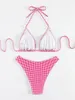 Frauen Badebekleidung Sommer Bikini Set kariert Druck Schnüre -up -BH mit Fliege Tiege Taille sexy sexy