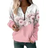 Women's Hoodies Floral Print Sweatshirt V Neck For Women Stylish Zipper Detail Pullover With Long Sleeves Elastic Cuffs