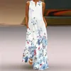 Summer Womens Fashion Sexy Digital Printed Long Dress V Neck Sleeveless Pocket S