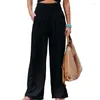 Pantalon féminin lin grand jambe boho style haute taille occasionnelle avec poches