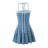 Casual Dresses 2024 Sexy Jacquard Weave Blue Denim Spliced Lace Slash Collar Bow Lacing Up Halter Mini Dress Women Low Waist Pleated Hem