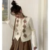 Women's Knits American Vintage Sweet Preppy Girls Knitted Cardigan Jacket Bowknot Argyle Jacquard Sweaters Coats Short Crop Outerwear