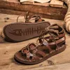 Sandaler män äkta läder romersk kohud tyg platt botten öppen tå snörning non slip casual handmade strand