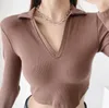 Camisetas de las mujeres manga larga sexy estiramiento profundo v midriff atuendo top lapa camiseta