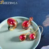 Pendant Necklaces GEEZENCA Red Corundum 925 Silver Enamel Earrings Pendant Ring For Women Vintage Luxury Gold Plated Jewelry Sets Without Chain 240419