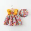 Summer Girl Baby Strap Dress Fragmenterad Flower Childrens ärmlös prinsessa klänning 0-3 år född kommer med hatt 240511