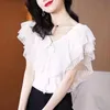 Ruffle Elegant Chic Sweet Lace Up Black White Ice Silk Knitwear Women Korean Fashion V-neck Slim Blouses Tops Clothing 240419