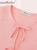 Women's Blouses Aonibeier Texture Fabric Women Pink Blouse 2024 Summer Puff Sleeve Bow Tied Hollow Out Loose Shirt Female Crop Top Y2K