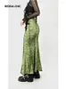 Kjolar kinesisk stil grön mellanlängd kjol för kvinnor elastisk midja sömmar spetsar hög mantel fisktail a-linje midi