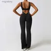 Women's Tracksuits Womens all-in-one sportswear pleated V-back soaked bell bottoms fitness jumpsuit sportswear yoga yq240422