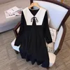 Casual Dresses Women Korean Vintage Hepburn Dresss 2024 Black Long Sleeve Chic Bow Doll Collar Midi Dress Spring Elegant Bodycon Party