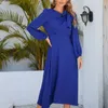 Vestidos casuais 2024 Autumn e inverno estilo de moda redonda arco de pescoço versátil lanterna A-linha de manga longa Splice simples vestido feminino