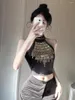 Kvinnors tankar reddachic Grunge Y2k Studded Halter Top Women Black Off-Shoulder Zip-up ärmlös Tank Crop Raves Music Festival Outfits