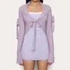 Tricots féminins 2024 Femme Bow Bow à manches longues Pull Cropped Slim Slim Short Jumper Tricotwear Purple Sexy Laçage Up Bandage Treen Cardigan