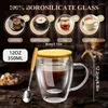 Vinglas 2st Transparent dubbelskiktsglaskopp med träskyddssked Hushållens kaffemugg 350/450 ml Cappuccino espresso