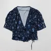 Frauenblusen Frauen 2024 Frühlings- und Sommerwrap Printed V-Ausschnitt Tailliertes kurzärmeliges Hemd gedruckt