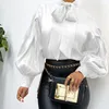 Blouses pour femmes chemises vintage Lantern Sleeve Solide T-shirt Stand Collar Lace Up Tops Office Lady 2024 printemps