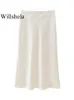 ウィルシェラ女性ファッション2ピースセットベージュホローアウトトップスヴィンテージハイウエストミディスカート女性シックレディスカート240422