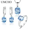 Necklaces UMCHO Sky Blue Topaz Gemstone Wedding Jewelry Sets for Women 925 Sterling Silver Engagement Rings Necklace Pendant Clip Earrings