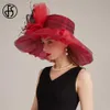 Fs geniş brim organza kapağı kadın için kadın şapkalar örgü tüyü çiçek tilinerisi düğün gelin elbise fedora 240401
