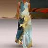 Casual Dresses Sunflower Boho Tryckt Maxi Kvinnor ärmlös V-ringad klänning Damer Elegant Loose Long Party Beach Robe