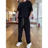 Summer Mens Korean Fashion Loose Silk Tracksuits Elastic Breattable Confort Thin Ruffled Tshirt Pants Two Piece Set Suit 240420