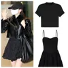 Arbetsklänningar Kpop Jang vann Young High Street Sweet Black Round Collar Kort ärm T-shirt Toppar Kvinnor Sexig Slim Sling Dress Two Piece Set